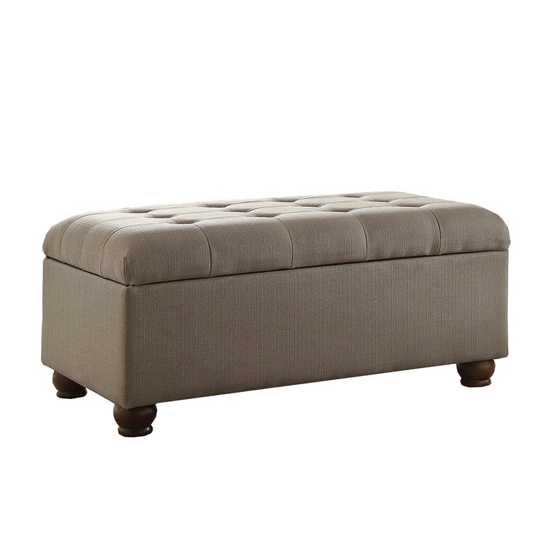 Textured Fabric Upholstered Button Tufted Storage Bench With Wooden Bun Feet, Gray And Brown By Benzara