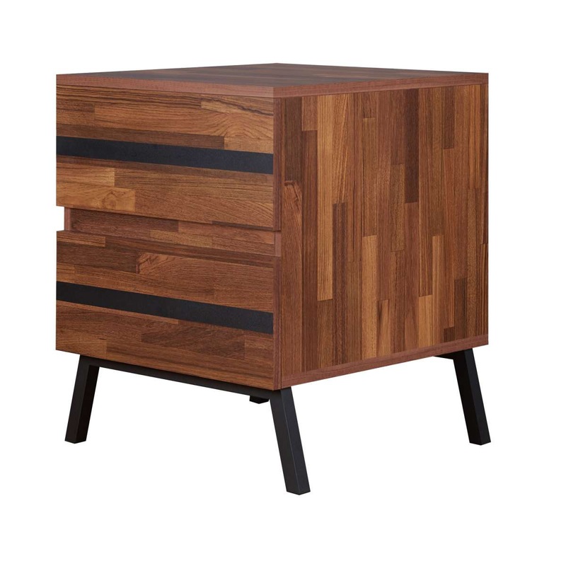 Two Drawers Wooden End Table With Angled Leg Support, Brown And Black By Benzara