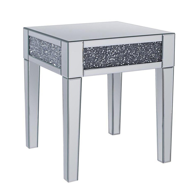 Wood And Mirror End Table With Faux Crystals Inlay, Clear By Benzara