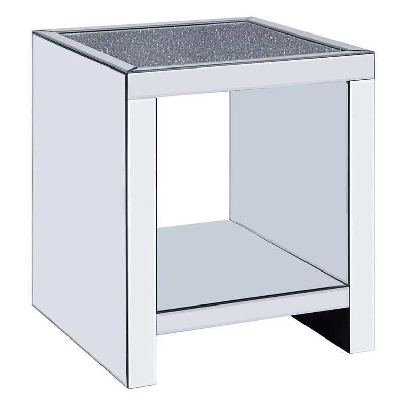 Wood And Mirror End Table With One Shelf, Clear By Benzara