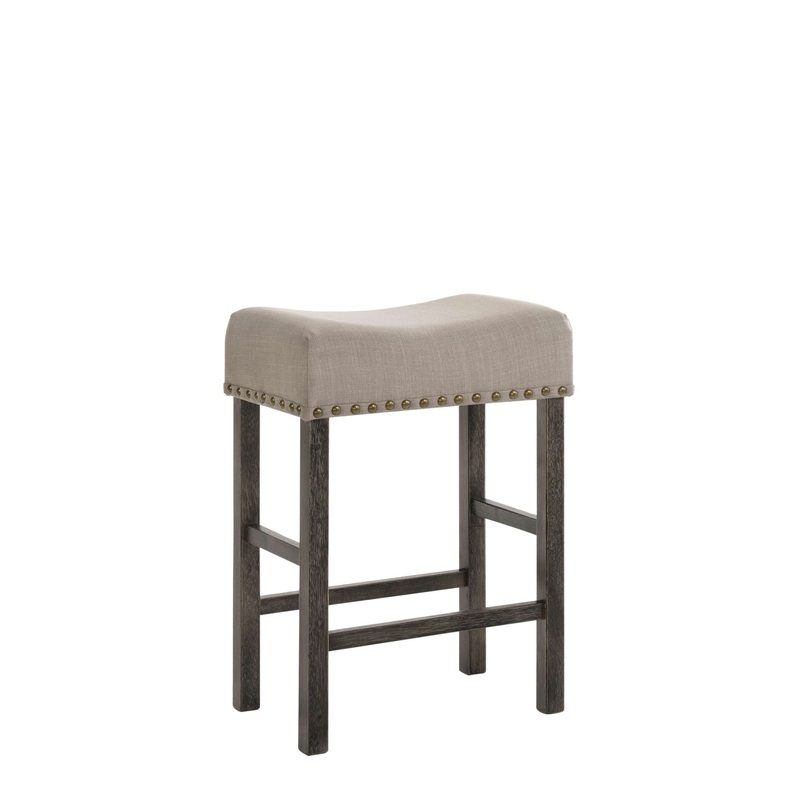 Wooden Counter Height Stool With Linen Upholstered Saddle Seat, Set Of 2, Beige And Gray By Benzara