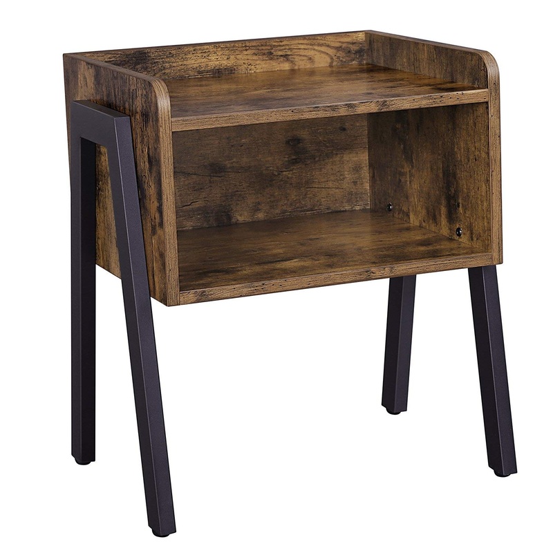 Wooden Stackable End Table With Inverted Iron Legs And Storage Compartment, Brown And Black By Benzara