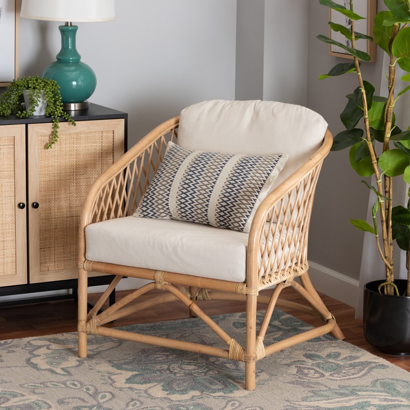Baxton Studio bali & pari Patsy Modern Bohemian White Fabric and Natural Brown Rattan Armchair