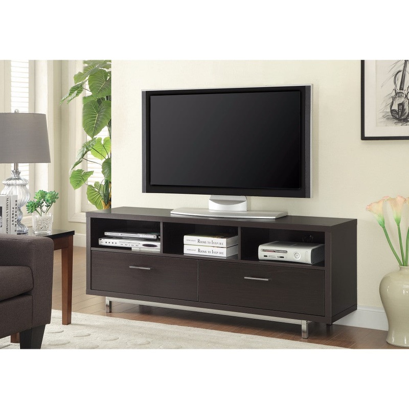 Fabulously Designed  Tv Console With Chrome Legs, Brown  By Benzara