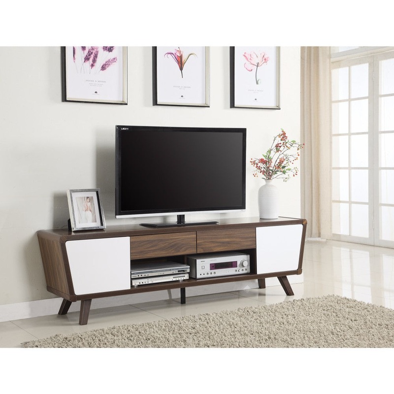 Glittering Two-Tone Mid-Century Modern Tv Stand, White And Brown  By Benzara