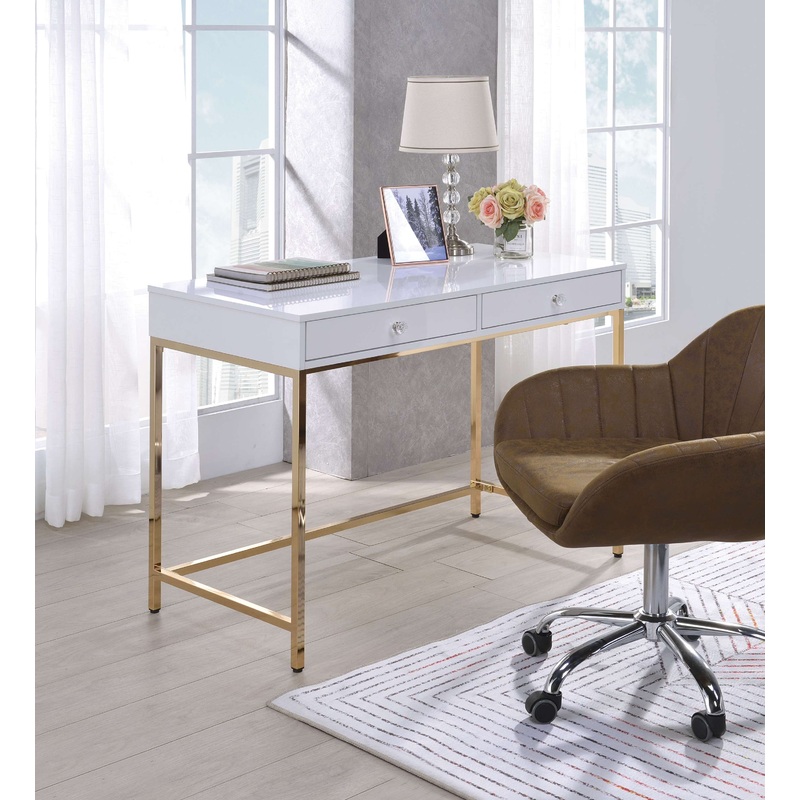 Two Drawers Wooden Desk With Tubular Metal Base, White And Gold By Benzara
