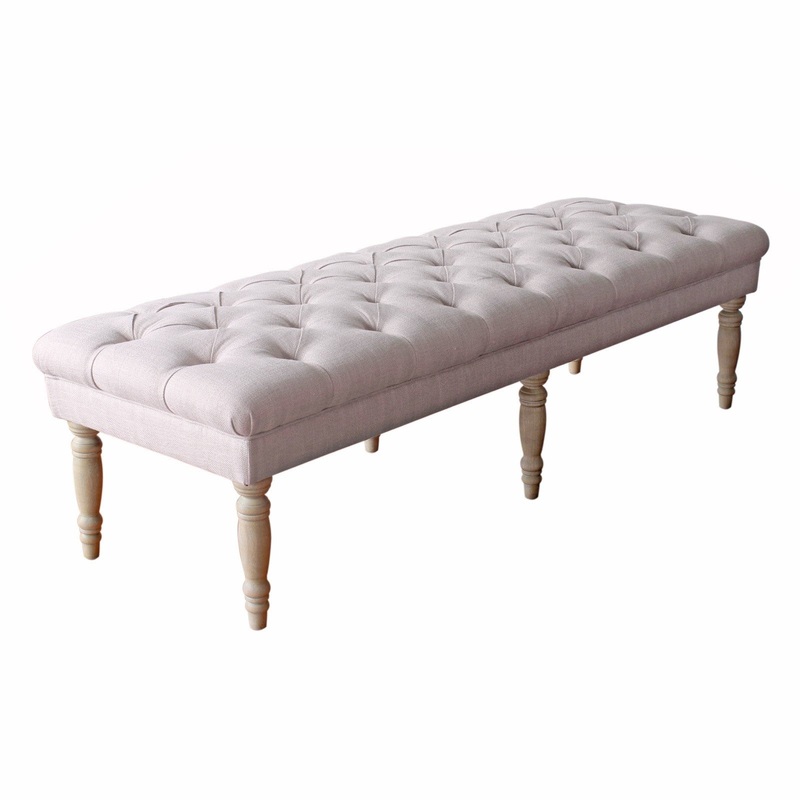 Wooden Bench With Button Tufted Fabric Upholstered Seat And Turned Legs, Cream By Benzara