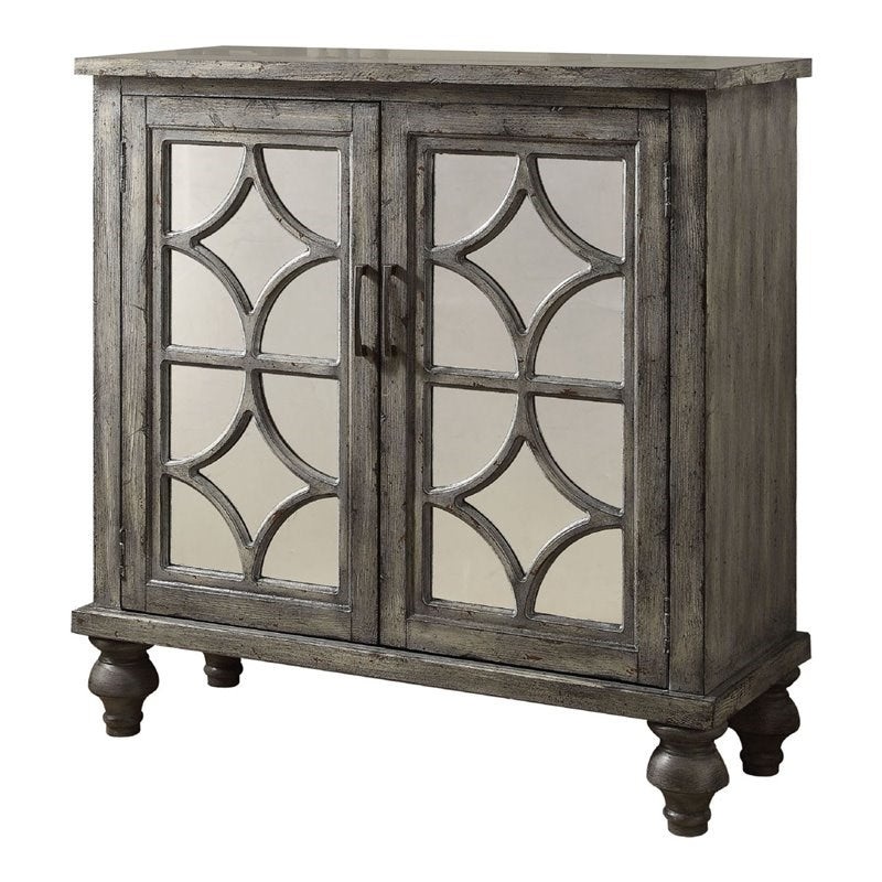 Wooden Console Table With 2 Doors And Mirror Fronts, Weathered Gray  By Benzara