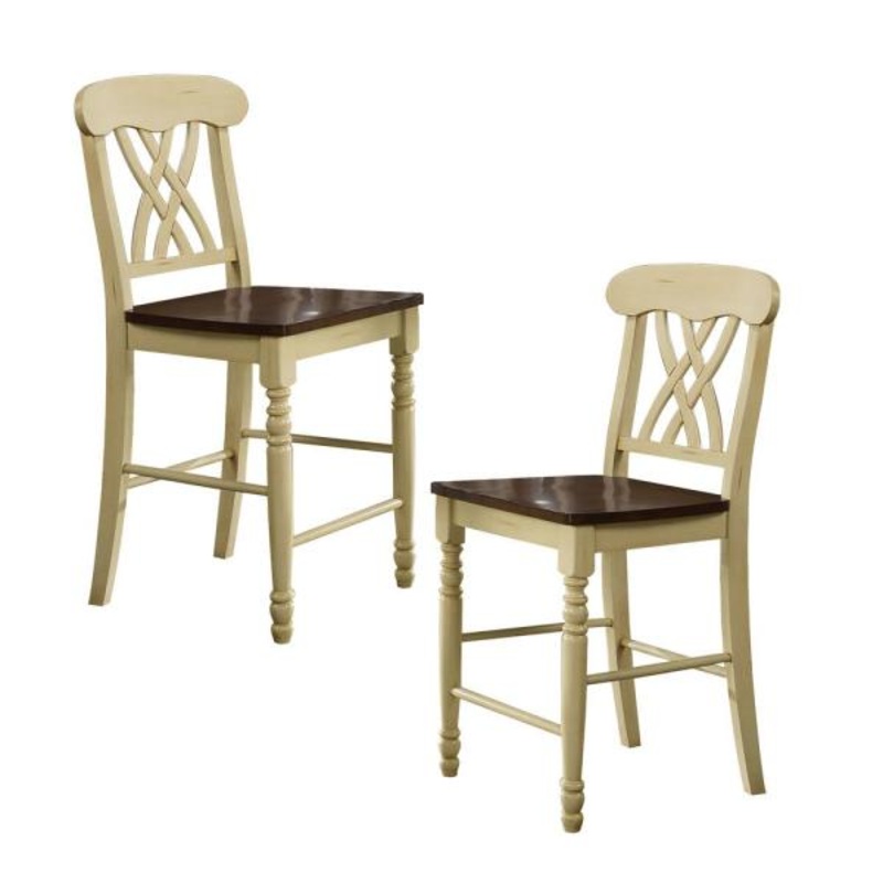 Wooden Counter Height Chair With Overlapped Design Back And Scoop Seat, White And Brown, Set Of Two By Benzara