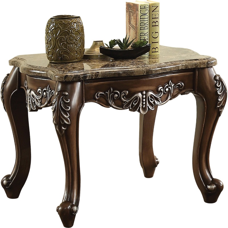 Wooden End Table With Marble Top In Antique Oak Brown By Benzara
