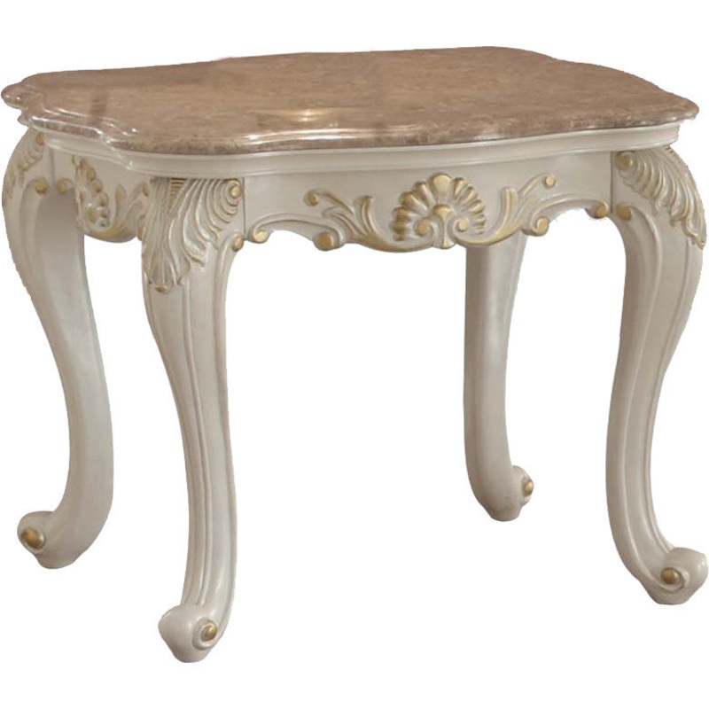 Wooden End Table With Marble Top, Pearl White By Benzara