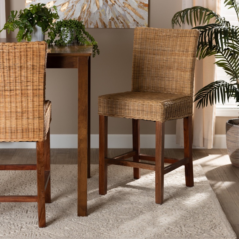 Baxton Studio bali & pari Racquel Modern Bohemian Natural Rattan and Mahogany Wood Counter Stool