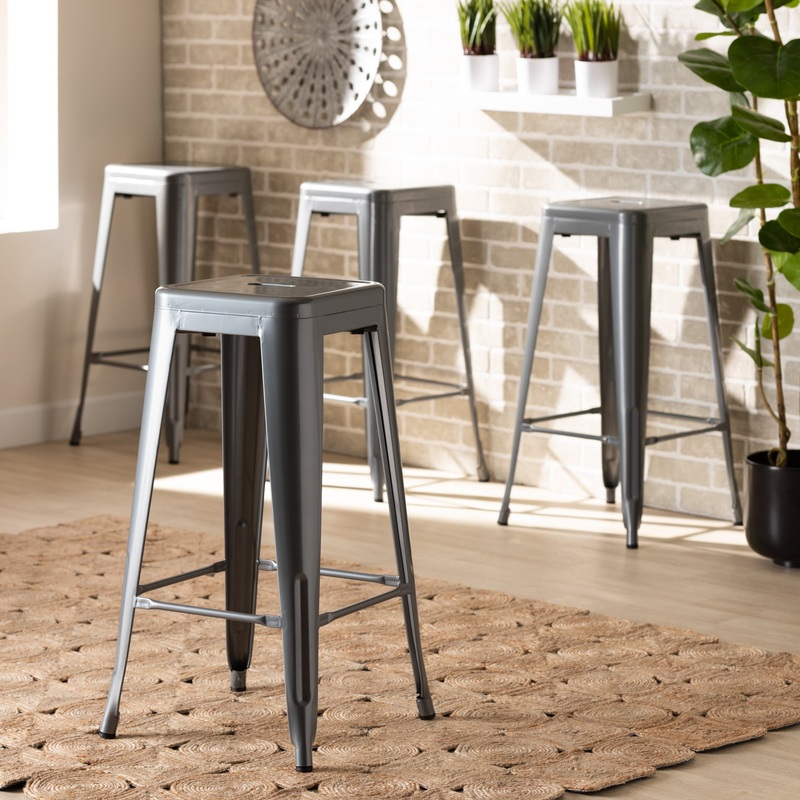 Baxton Studio Horton Modern and Contemporary Industrial Grey Finished Metal 4-Piece Stackable Bar Stool Set