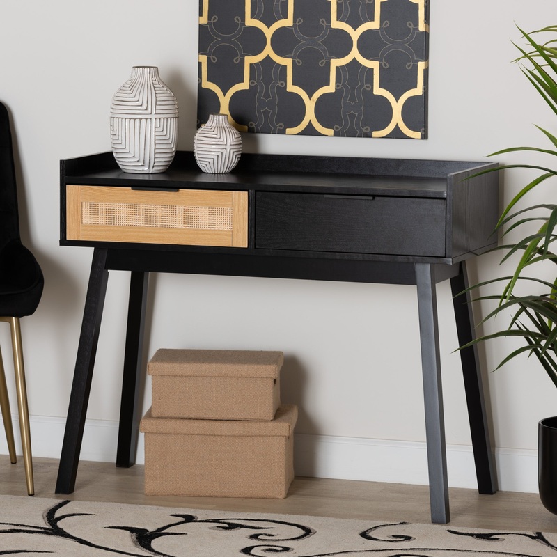 Baxton Studio Kalani Mid-Century Modern Two-Tone Espresso Brown and Natural Brown Finished Wood 2-Drawer Console Table
