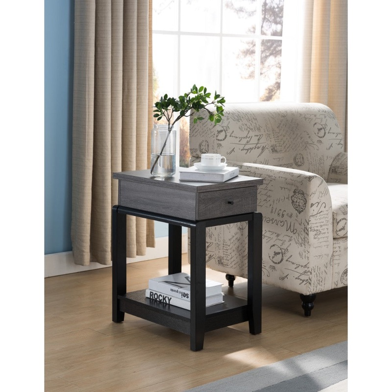 Wooden Chairside Table With Bottom Shelf, Distressed Gray And Black  By Benzara