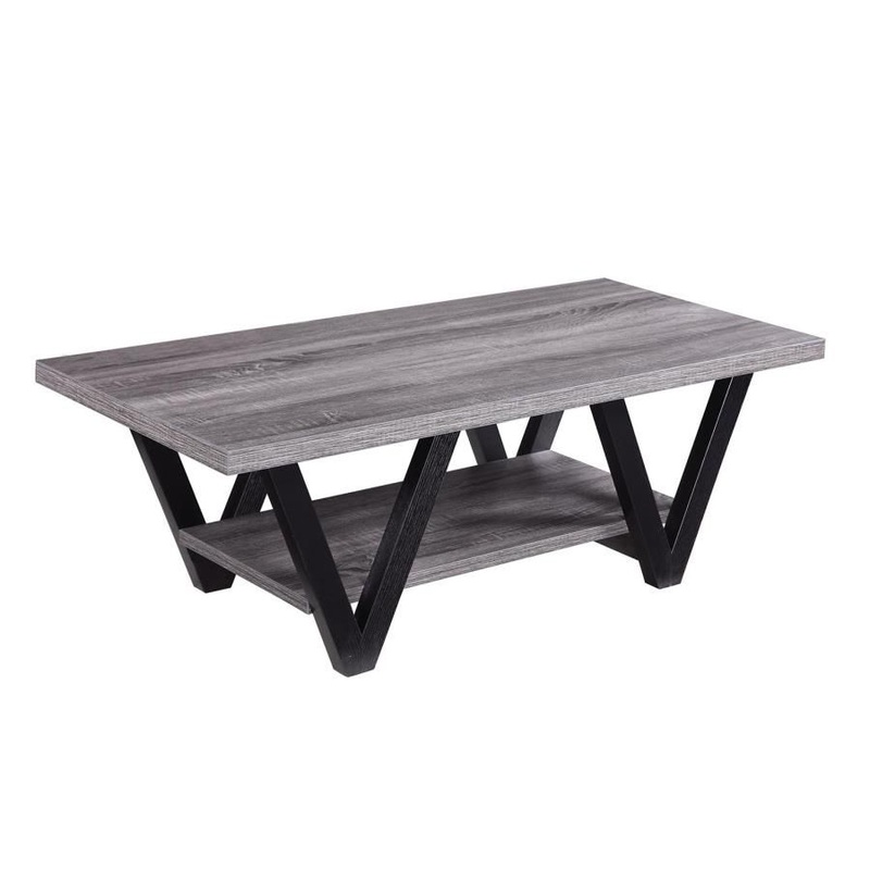 Zigzag Contemporary Solid Wooden Coffee Table With Bottom Shelf, Gray And Black  By Benzara